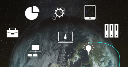 Image of icons and data processing over globe. Global connections, computing and data processing...