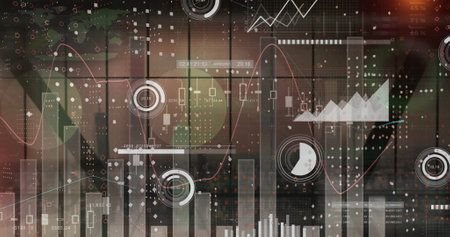 Image of financial data processing over dark background. Global finance, business, connections,...