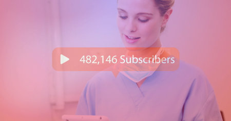 Image of subscribers growing number over caucasian female doctor using tablet. Global social media,...