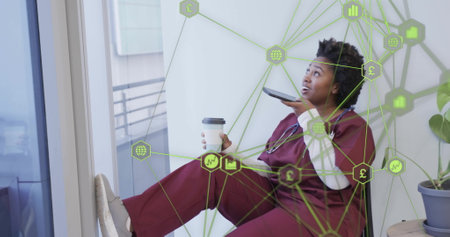 Image of network of connections with icons over african american female doctor. Global medicine,...