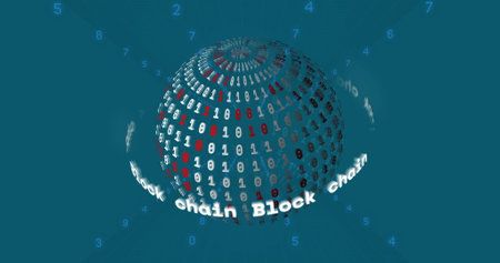 Image of binary coding over globe with block chain texts. Technology and digital interface concept...