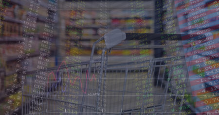 Image of financial data processing over shopping trolley in shop. Global finance, business, connections, computing and data processing concept digitally generated image.の写真素材