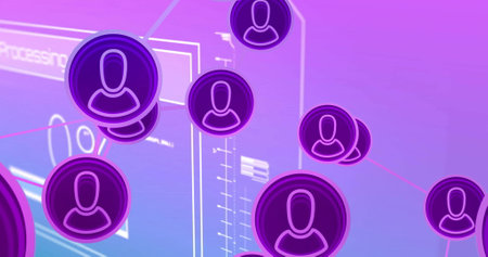 Image of network of connections with people icons over screen on pink background. Global finance, business, connections, computing and data processing concept digitally generated image.の写真素材