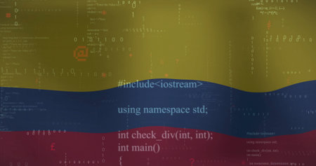 Image of financial data processing over flag of columbia. Global business, finance, connections,...