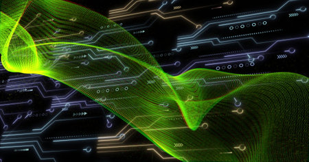Image of light trails, circuit board and data processing over black background. Global finance,...