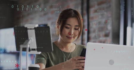 Image of binary coding data processing over caucasian businesswoman in office. Global finance,...