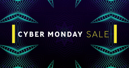 Image of cyber monday sale text over blue kaleidoscopic pattern on black background. Sale, retail, retro, business, digital interface, online shopping and communication, digitally generated image.の写真素材