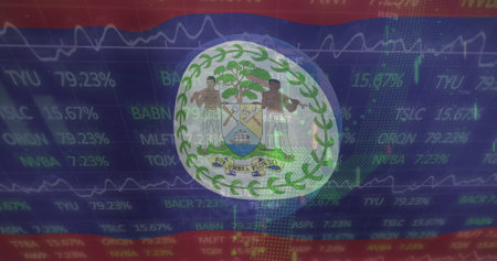 Image of flag of belize over graphs and financial data processing. National economy, connection, finance, digital interface and communication, digitally generated image.の写真素材
