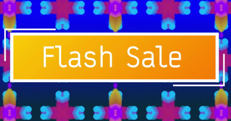 Image of flash sale text on orange banner over blue and pink kaleidoscopic pattern. Sale, retail, retro, business, digital interface, online shopping and communication, digitally generated image.の写真素材