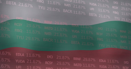 Image of financial data processing over flag of bulgaria. Global business, finance, connections, computing and data processing concept digitally generated image.の写真素材