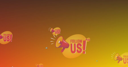 Image of follow us text with icons on yellow background. global social media, digital interface and...