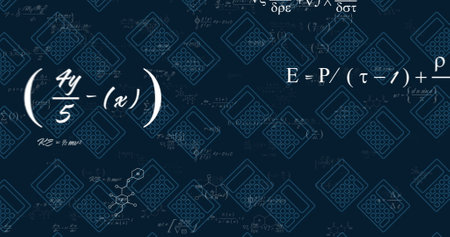 Image of mathematical data processing over calculators on dark background. Global science, connections, computing and data processing concept digitally generated image.の写真素材