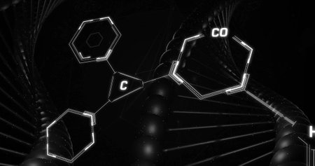 Image of scientific data processing over dna strand spinning. Global science, connections, computing and data processing concept digitally generated image.の写真素材