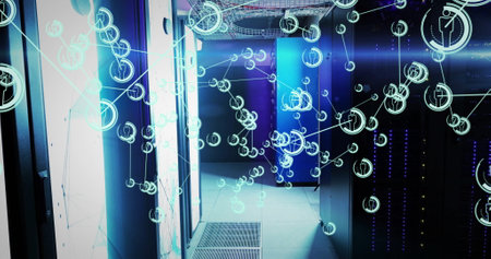Image of netwrok of connections with people icons and data processing over computer servers. Global...