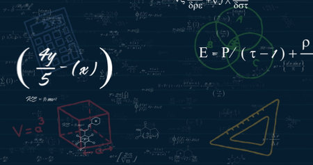 Image of mathematical data processing over dark background. Global science, connections, computing and data processing concept digitally generated image.の写真素材