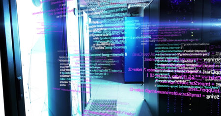 Image of digital data processing over computer servers. Global connections, computing and data...