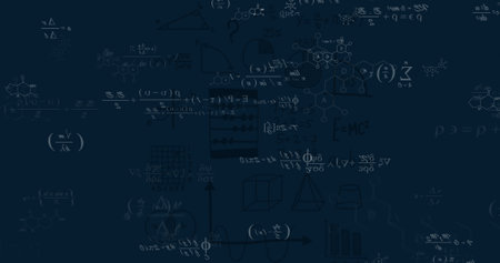 Image of mathematical data processing over dark background. Global science, connections, computing and data processing concept digitally generated image.の写真素材