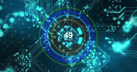 Image of speedometer numbers and data processing over circuit board on black background. Global...