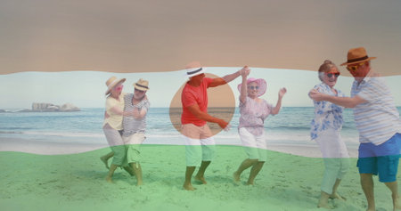 Dancing on beach, elderly people enjoying vacation over image of niger flag. enjoyment, celebration,...