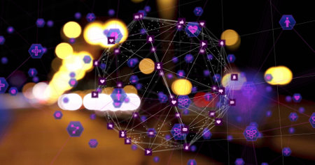Social media icons and network connections image over blurred city lights background. Technology, connectivity, digital, networking, online, communicationの写真素材