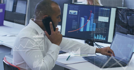 Image of financial data processing over diverse business people in office. Global finance, business, connections, computing and data processing concept digitally generated image.の写真素材