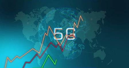 5G text and rising graph image over world map. Technology, communication, network, connectivity,...