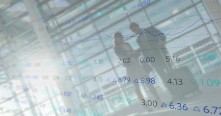 Image of financial data processing over diverse business people in airport. Global travel, finance,...
