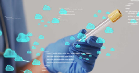 Holding test tube, gloved hand with cloud icons and data processing image. Science, technology,...