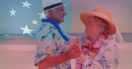 Dancing elderly couple in hawaiian shirts over image of samoa flag. seniors, celebration, joy,...