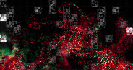 Red and green particle image over dark grid background. Abstract, particles, digital, vibrant, motion, dynamicの写真素材