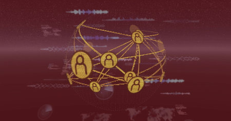 Network of connections and data processing image over digital globe on red background. Technology,...
