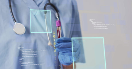 Holding test tube, healthcare professional with data processing image overlaid. Laboratory, scientist, medical research, biotechnology, innovation, chemistryの写真素材