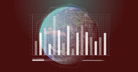 Bar chart and data processing over rotating Earth image. Analytics, statistics, data visualization,...