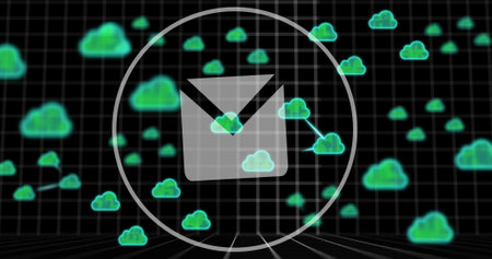 Image of email icon, data processing and clouds over dark background. Business, connections, cloud computing and data processing concept digitally generated image.の写真素材