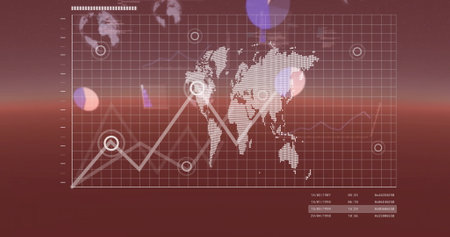 World map with financial data and graphs image over red background. Finance, global, analytics, economics, investment, businessの写真素材