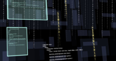Image of digital data processing and screens over dark background. Business, connections, computing...