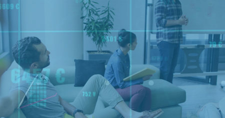 Image of financial data processing over diverse business people in office. Global finance, business,...