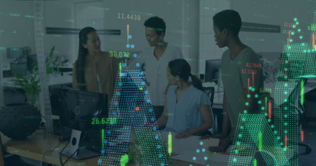 Image of financial data processing over diverse business people in office. Global finance, business,...