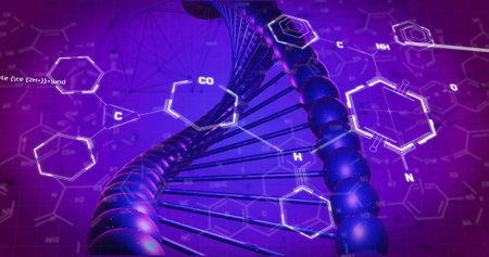 Image of chemical formula and dna strand on blue background. Science, technology and digital interface concept digitally generated image.の写真素材