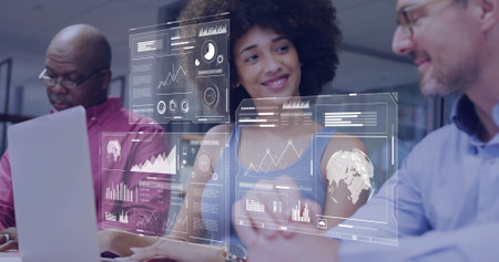 Image of financial data processing over diverse business people working together. Global finance,...