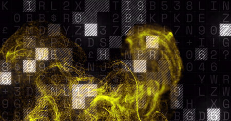 Yellow particle waves image over alphanumeric code background. Technology, digital, particles, futuristic, data, motionの写真素材