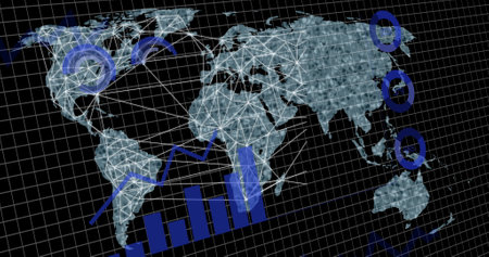 Image of digital data processing over world map. Global artificial intelligence, connections,...