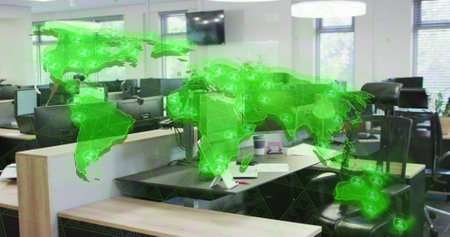 Image of world map and digital data processing over office. Global business travel, finance,...