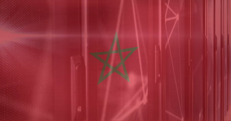 Image of flag of french morocco and digital data processing over computer servers. Global connections, computing and data processing concept digitally generated image.の写真素材