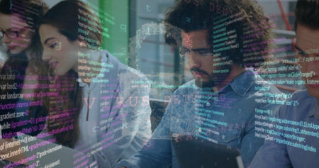 Image of padlock and data processing over diverse business people in office. Global finance, business, connections, computing and data processing concept digitally generated image.の写真素材