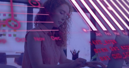 Image of financial data processing over caucasian businesswoman using laptop in office. Global...