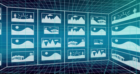 Grid of digital landscape images with futuristic image over blue background. Technology, virtual,...
