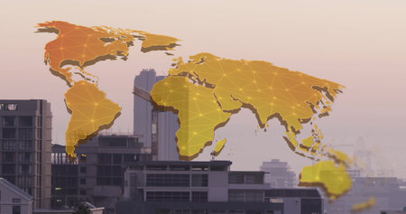 Image of world map and digital data processing over cityscape. Global business travel, finance, connections, computing and data processing concept digitally generated image.の写真素材