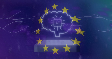 Image of, AI brain with microchip surrounded by EU stars over digital background. Artificial...