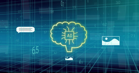 AI brain image over digital data and chat bubbles. Artificial intelligence, technology, futuristic,...